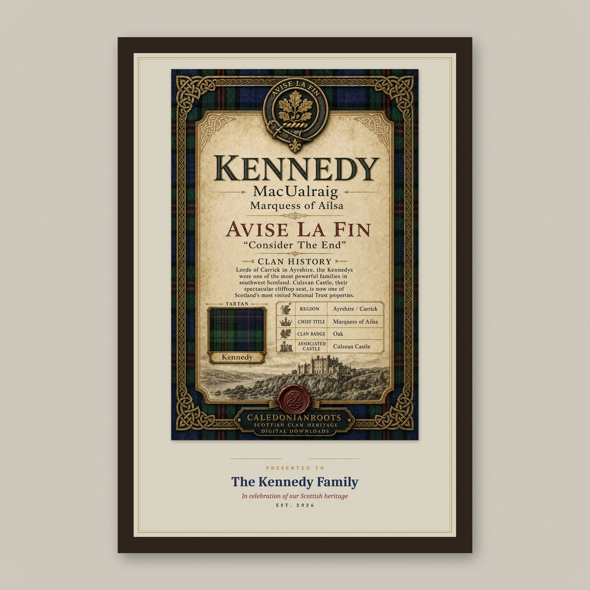 Personalised Kennedy clan heritage print framed mockup