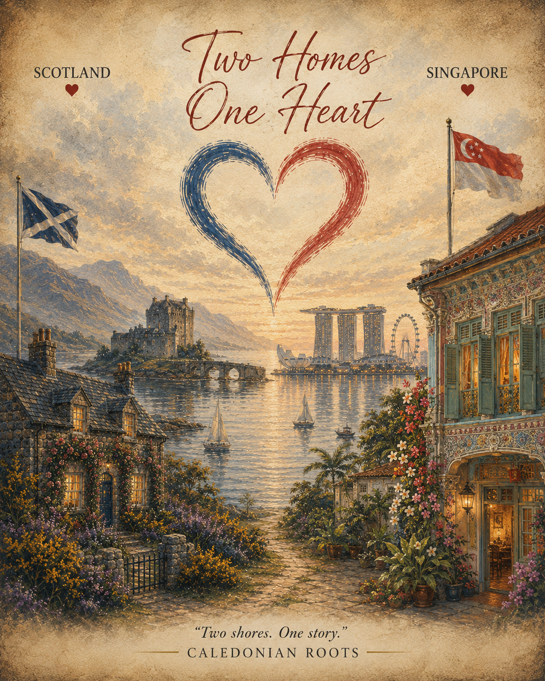 Two Homes, One Heart Scotland and Singapore heritage artwork